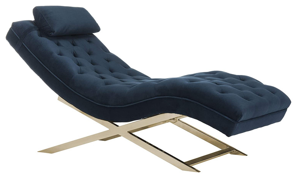 Glam Navy Velvet and Brass Chaise Lounge Chair Transitional Outdoor Chaise Lounges by