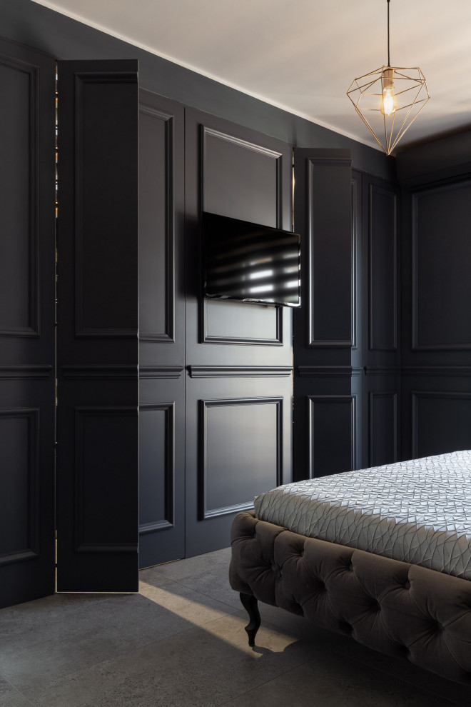 Inspiration for a mid-sized traditional master bedroom in Rome with grey walls, porcelain floors, grey floor and decorative wall panelling.