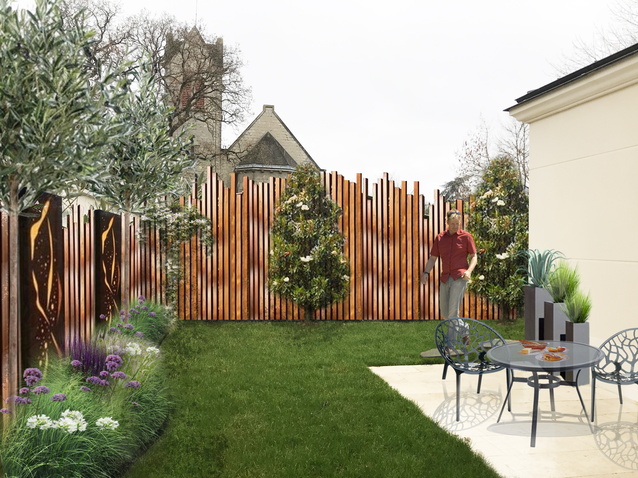 Aménagement du jardin avec des palissades en bois et des arbres palissés.