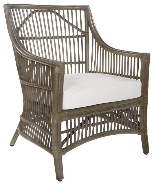 Coastal Accent Chair, Rattan Covered Frame With Wingback and Sloped