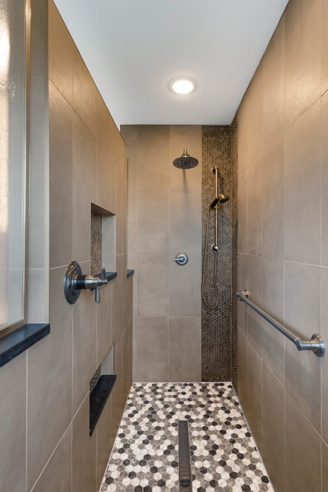 Mid-sized transitional master bathroom in Minneapolis with flat-panel cabinets, black cabinets, an alcove shower, a two-piece toilet, gray tile, slate, white walls, porcelain floors, a vessel sink, quartzite benchtops, an open shower, black benchtops, an enclosed toilet, a single vanity, a freestanding vanity and white floor.