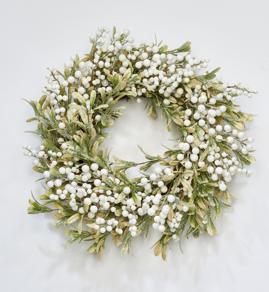 24" White Berries And Green Leaves Wreath