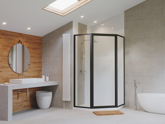 Legend Framed Neo Angle Swing Shower Door Obscure Contemporary