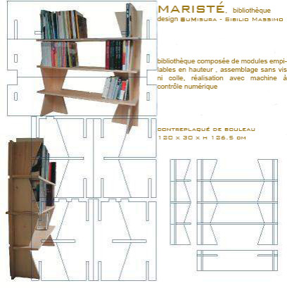 Cette bibliothèque se compose de modules, montants et étagères, empilables en hauteur. Assemblage sans vis ni colle. Réalisation avec machine à contrôle numérique.