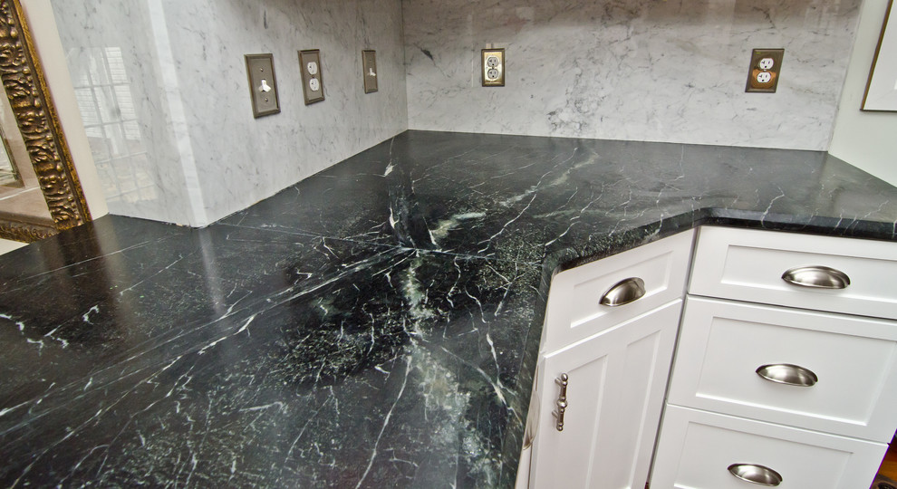 Soapstone Counters With White Carrara Marble Full Backsplash