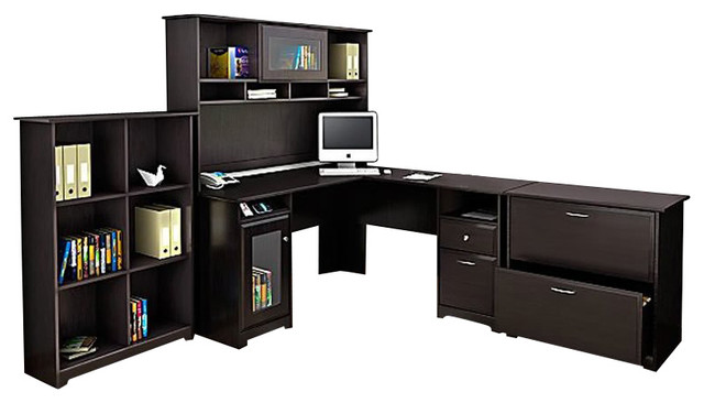 Bush Cabot 4 Piece L Shape Computer Desk Office Set In Espresso Oak Bush Cabot 4 Piece L Shape Computer Desk Office Set In Espresso Oak