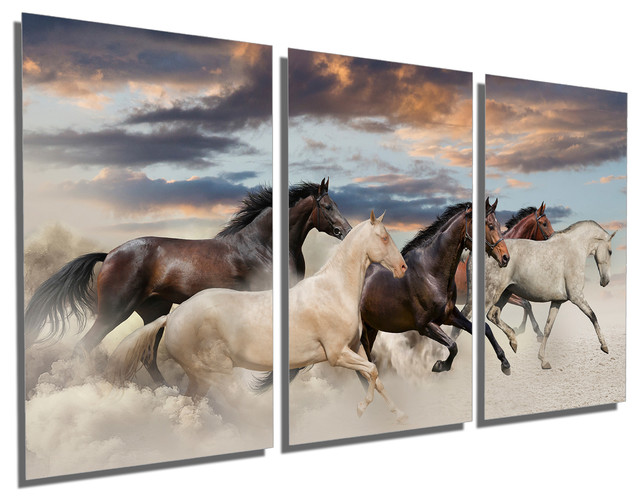 Horses Running In Desert Metal Print Wall Art, 3 Panel Split, Triptych ...