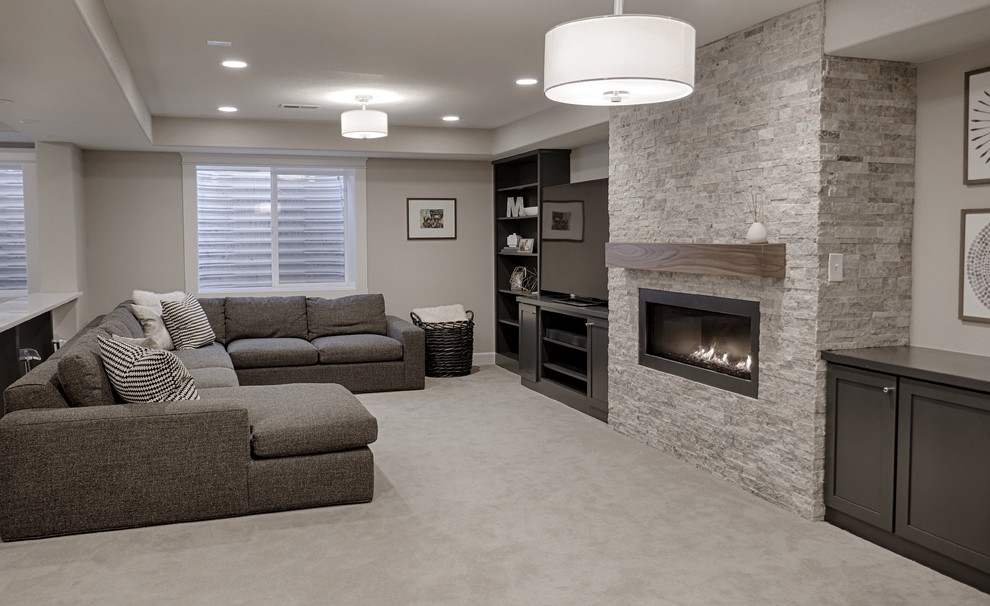 Mid-sized contemporary fully buried basement in Denver with grey walls, carpet, a standard fireplace and a stone fireplace surround.