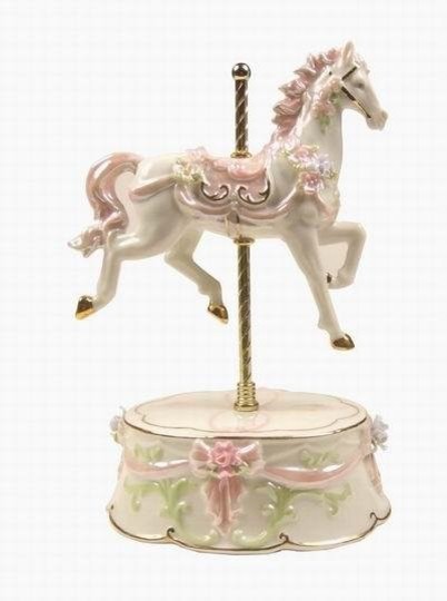 8 Inch Single White and Pink Carousel Horse Ceramic Figurine