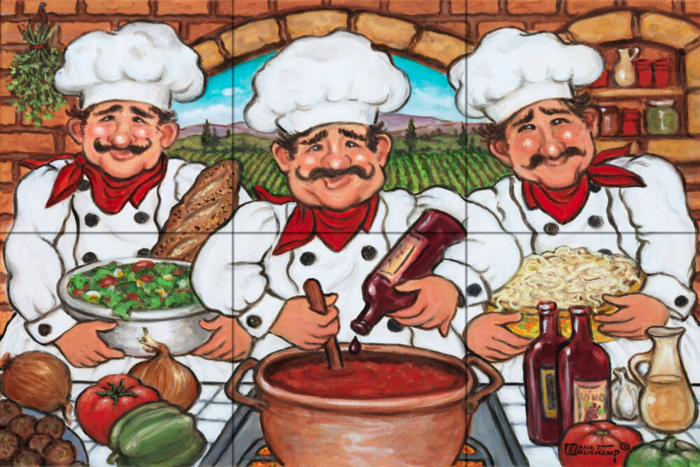 Tile Mural Kitchen Backsplash Three Happy Chefs -JK by Janet Kruskamp