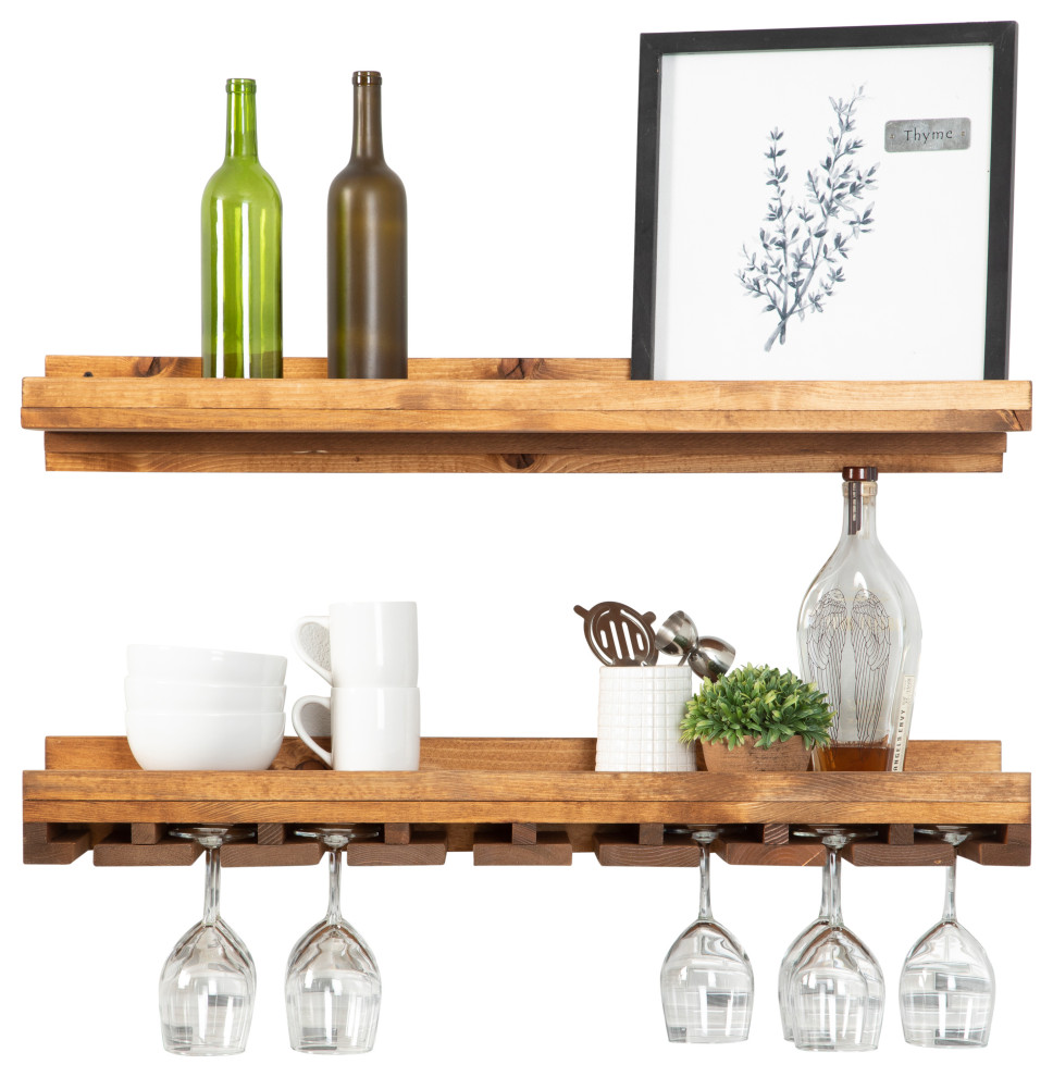 Rustic Solid Wood Handmade Floating Wine Shelf and Glass Rack Set Rustic Display And Wall