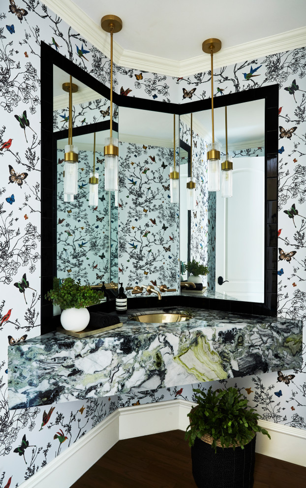Inspiration for a small classic cloakroom in Dallas with a one-piece toilet, ceramic tiles, medium hardwood flooring, a submerged sink, quartz worktops, beige floors, green worktops, a floating vanity unit and wallpapered walls.