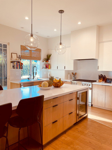 White Oak Flooring & Cabinets, Island, Backsplash, Countertops and Lighting