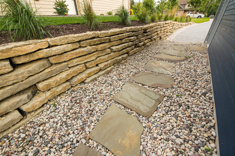 Inspiration for a contemporary backyard stone landscaping for summer.