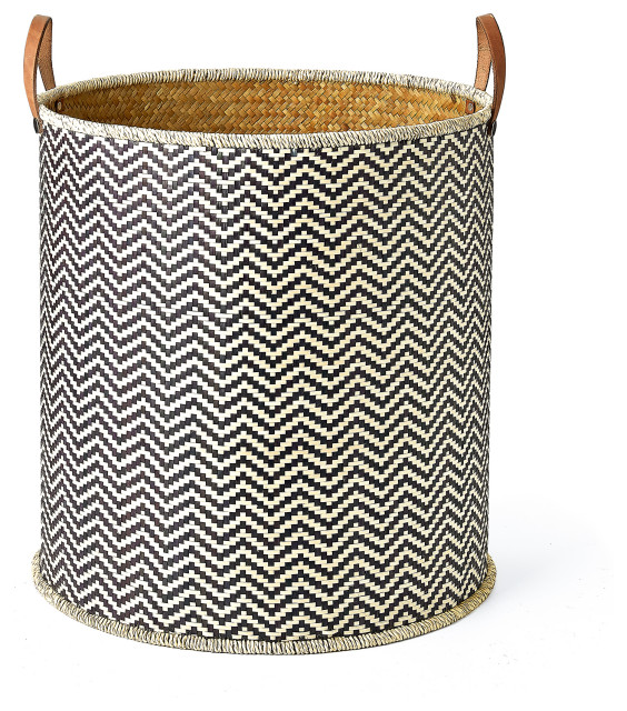 3-Piece Set Round Woven Palm Baskets with Faux Leather Handles, Black ...