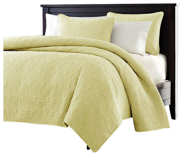 King Size Yellow Quilted Polyester Microfiber Coverlet Set With