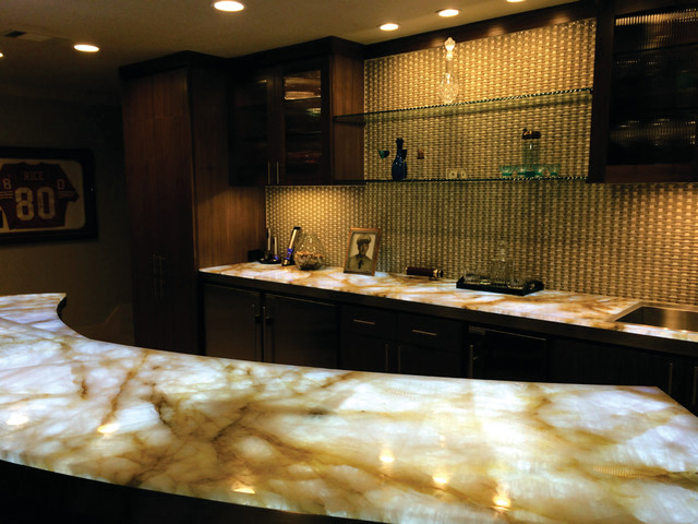 Backlit Onyx Downstairs Bar Texas Traditional Home Bar