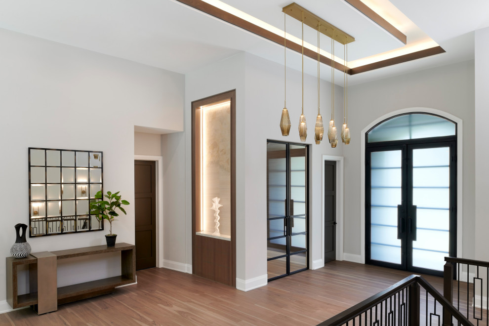 This is an example of a large contemporary foyer in Detroit with beige walls, light hardwood flooring, a double front door, a black front door, brown floors and a coffered ceiling.