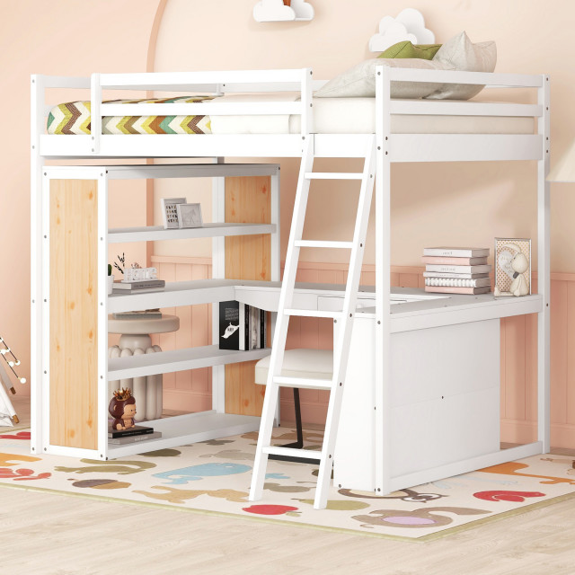 Gewnee Wood Full Size Loft Bed with Ladder and Desk in White