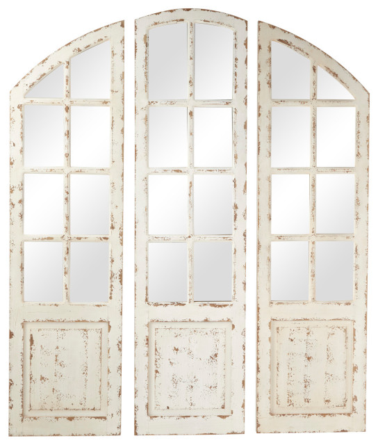 Large Distressed White Wood 3 Panel Arched Wall Mirror With Window Frame Farmhouse Mirrors By Brimfield May Houzz Arched Wall Mirror With Window Frame, White Wooden Arch Mirror