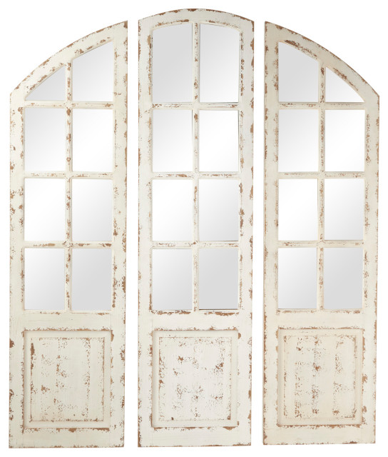 Large Distressed White Wood 3 Panel, Distressed Door Wood Wall Mirror