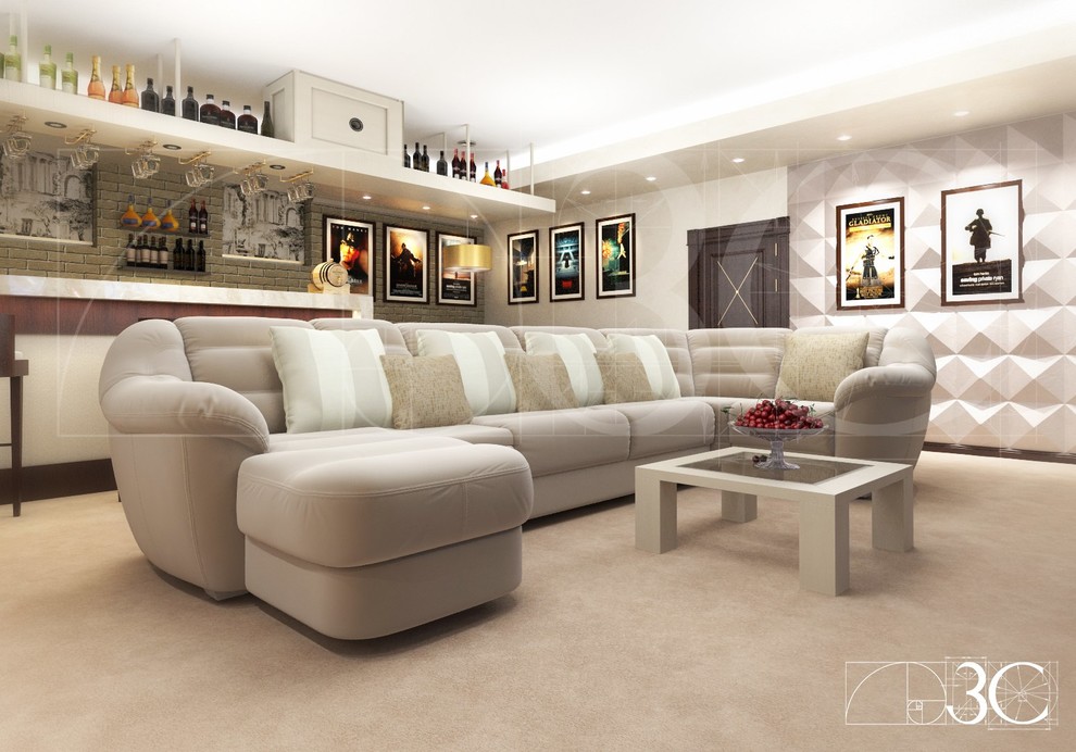 Домашний кинотеатр с баром в светлых тонах