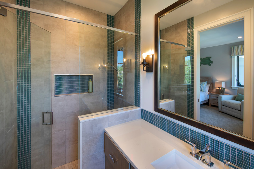 This is an example of a large transitional master bathroom in Miami with shaker cabinets, brown cabinets, an alcove shower, beige tile, beige walls, medium hardwood floors, a drop-in sink, brown floor, a hinged shower door and grey benchtops.