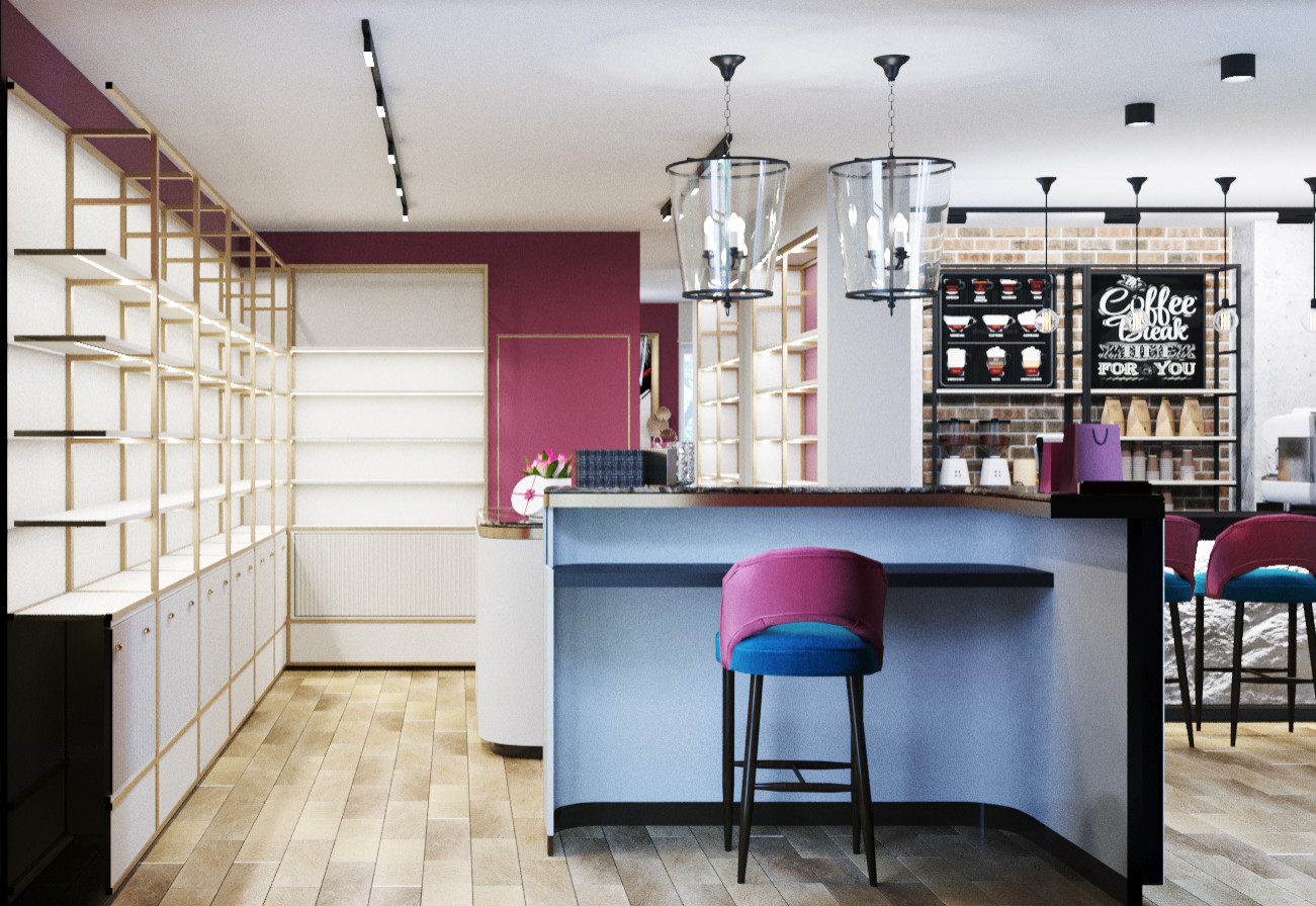 Дизайн интерьера магазина парфюмерии с зоной кафе в аутентичном стиле.