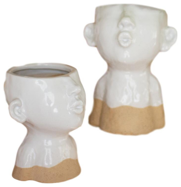 Romantic Kissing Face Ceramic Head Planter 2Piece Set Tone Kiss Pot Sculpture Contemporary