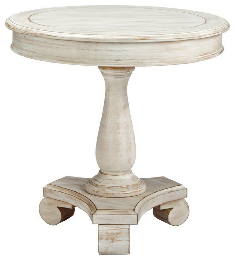 Wooden Round Accent Table with Pedestal Base, Antique White Farmhouse
