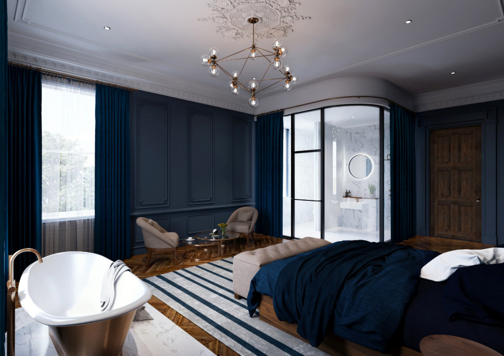 Cette photo montre une grande chambre parentale avec un mur bleu, un sol en bois brun, un sol marron, un plafond à caissons et du lambris.