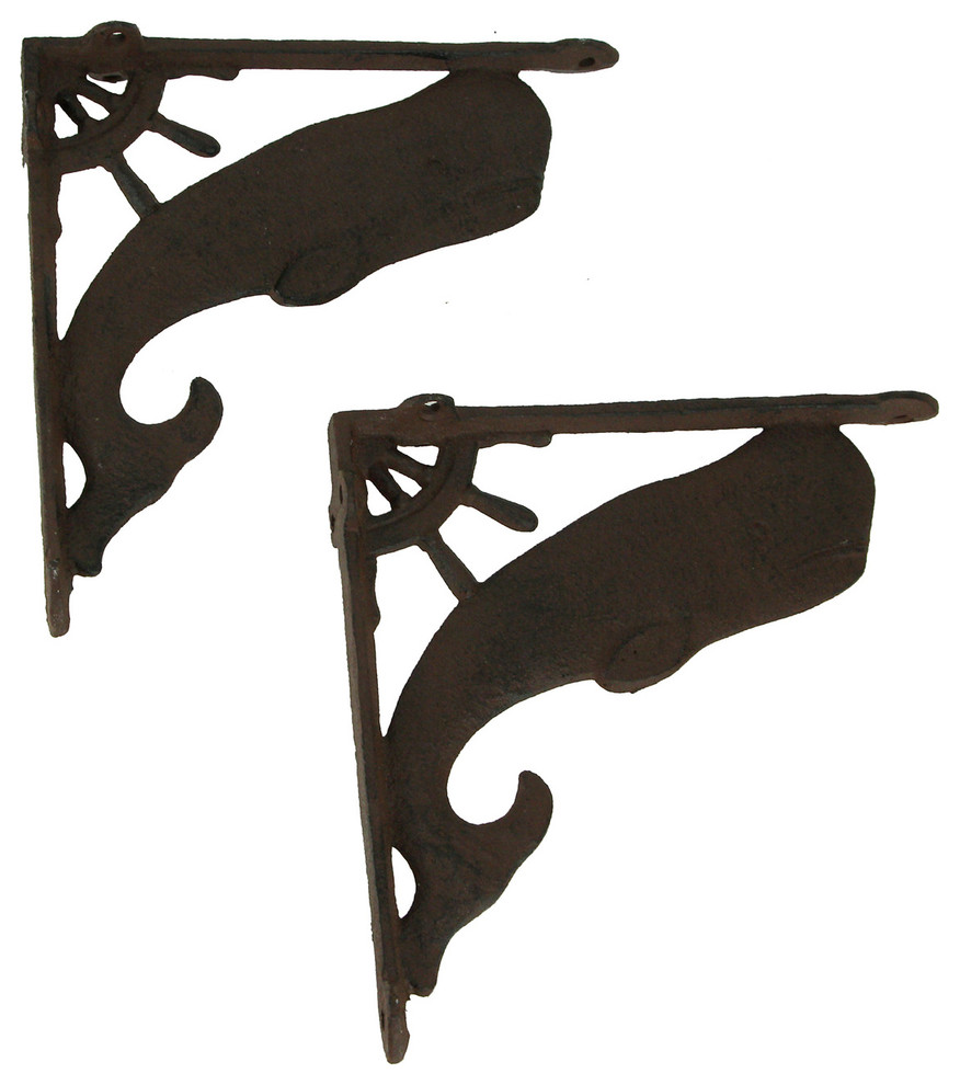 Rustic Brown Coastal Whale Wall Shelf Brackets Set of 2 Beach Style