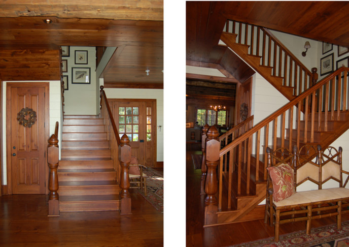 Example of a mid-sized mountain style medium tone wood floor staircase design with beige walls and a medium wood front door