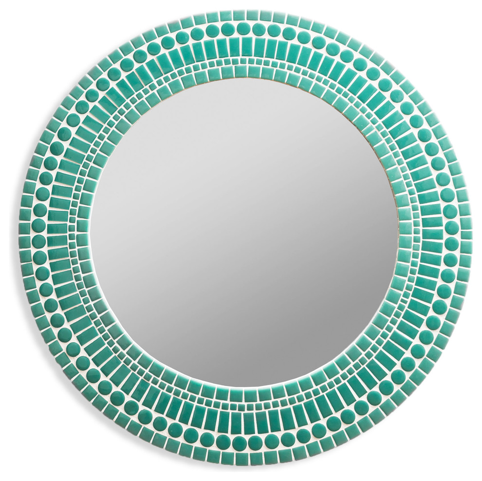 Large Round Wall Mirror in Mosaic Aqua Glass Tiles, 20" Contemporary