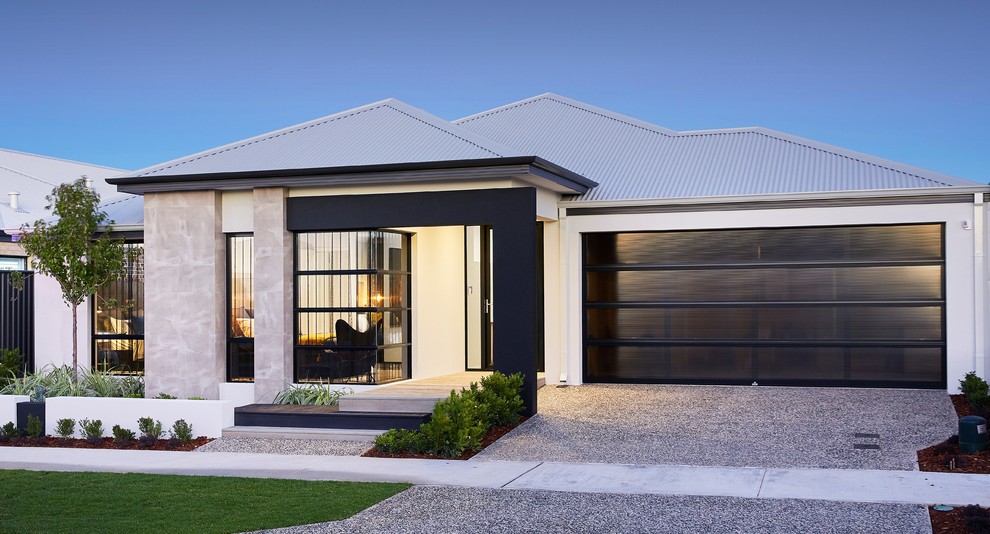 This is an example of a contemporary one-storey white house exterior in Perth with a metal roof and a hip roof.