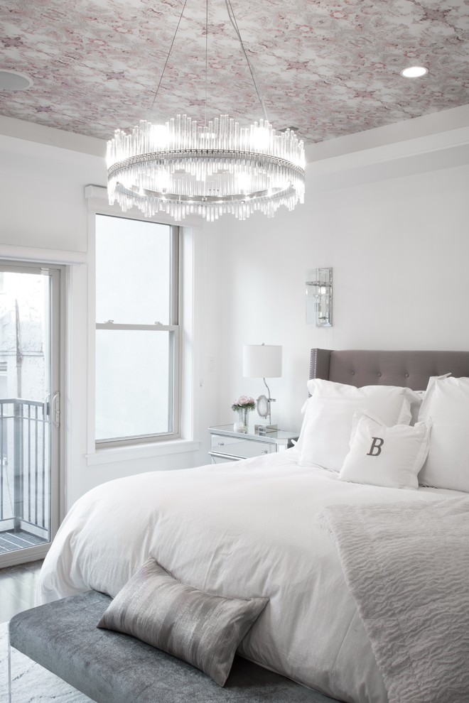 Inspiration for a large contemporary master bedroom in Philadelphia with white walls.