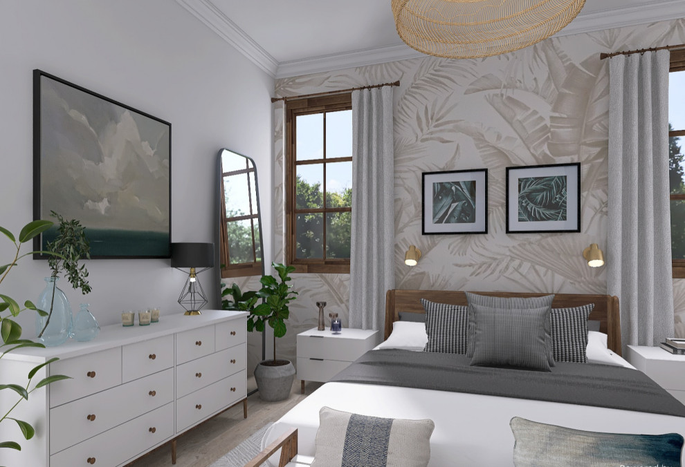 Imagen de dormitorio principal y blanco y madera minimalista de tamaño medio con paredes blancas, suelo de madera clara, suelo beige y papel pintado