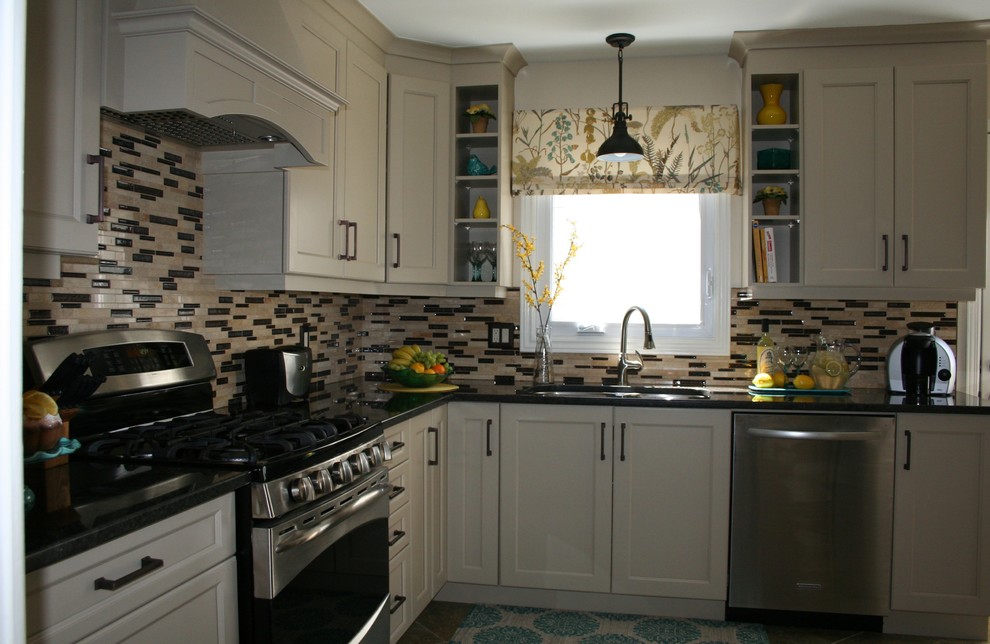 Small transitional l-shaped enclosed kitchen photo in Ottawa with an undermount sink, shaker cabinets, beige cabinets, granite countertops, glass sheet backsplash, stainless steel appliances and no island