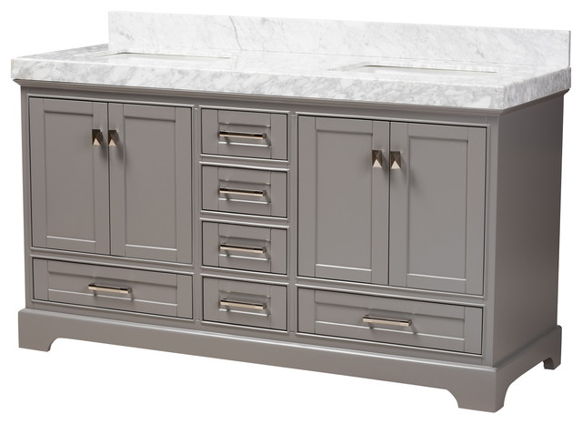 Fiete 60" Transitional Gray Wood and Marble Double Sink Bathroom Vanity