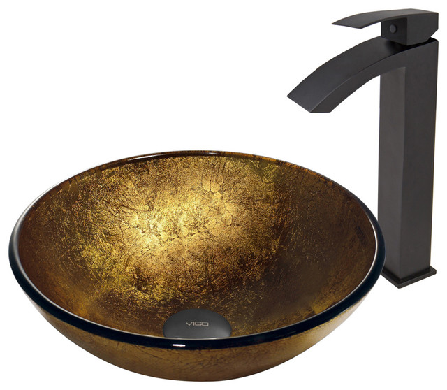 VIGO Liquid Gold Glass Vessel Sink and Duris Faucet Set in Matte Black
