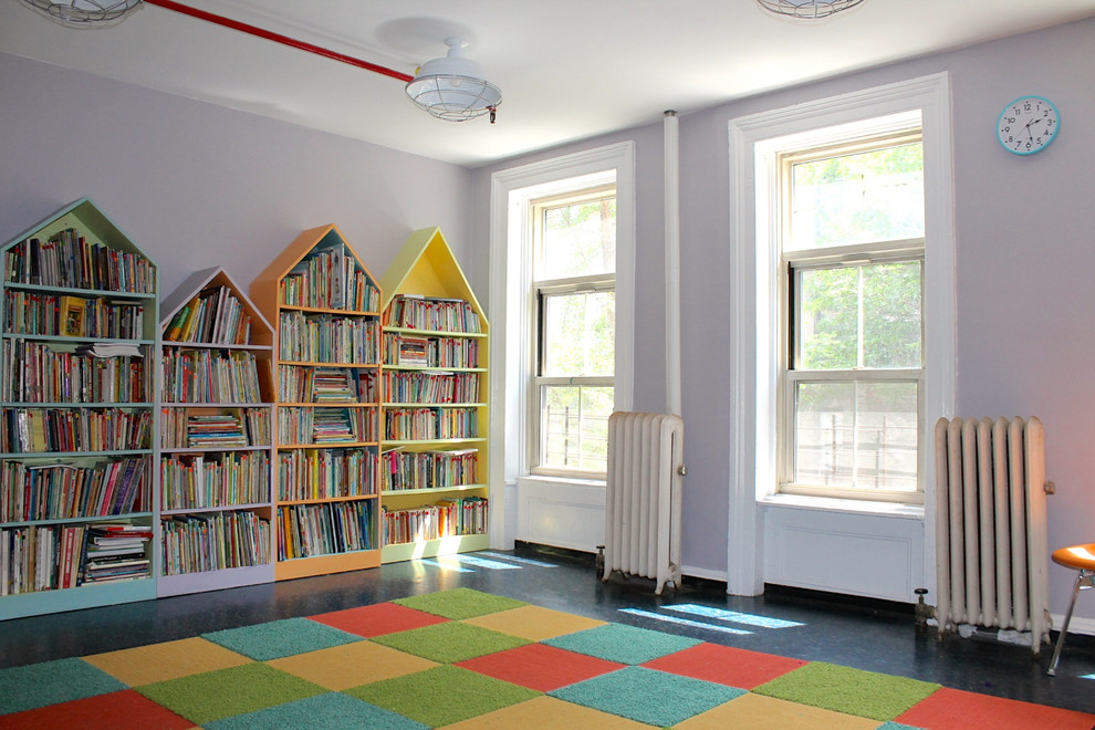 Industrial gender-neutral kids' room in New York with green walls for kids 4-10 years old.