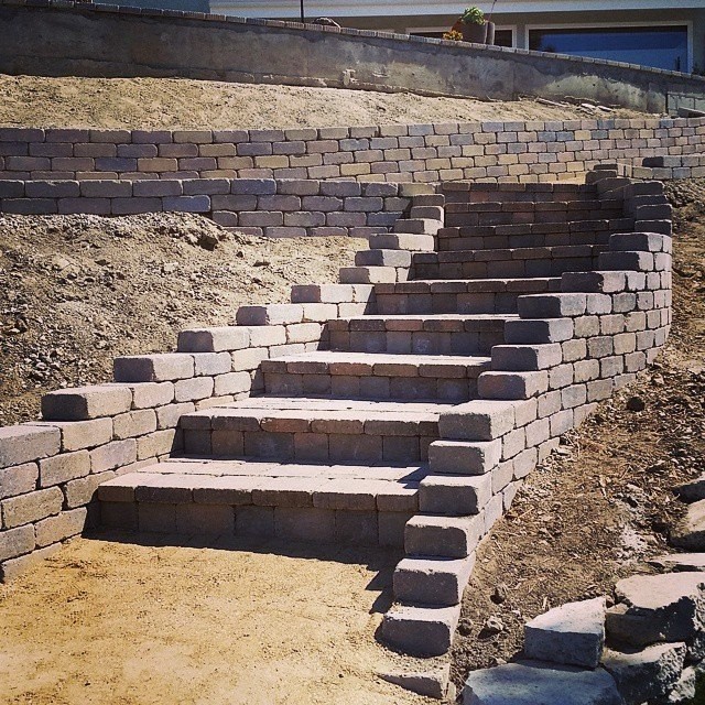 Photo of a mediterranean backyard concrete paver landscaping in Orange County.