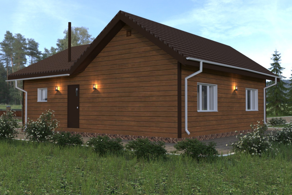 Проект одноэтажного дома 90 м2 в стиле шале с обшивкой из сайдинга под дерево