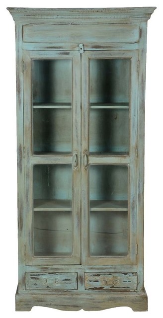 Tiro Blue Distressed Wood 4 Shelf Bookcase With Glass Doors Drawer