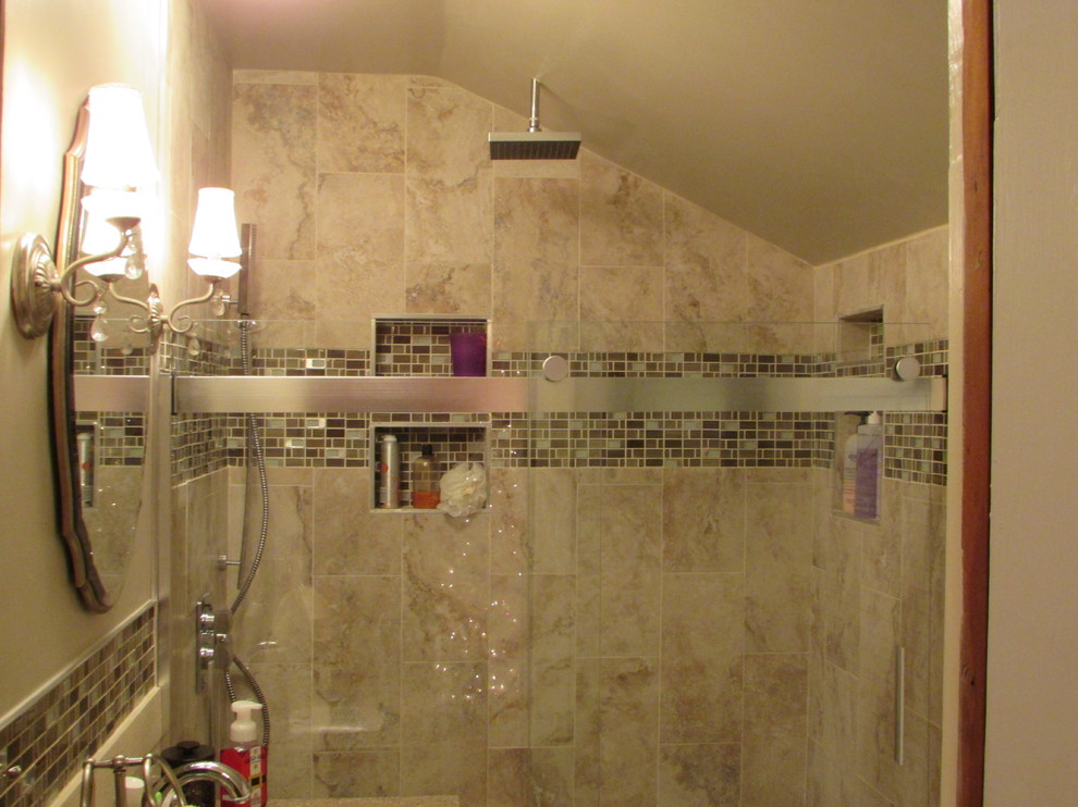 Inspiration for a small transitional master beige tile and ceramic tile ceramic tile home design remodel with furniture-like cabinets, white cabinets, a two-piece toilet, beige walls, an integrated sink and quartz countertops