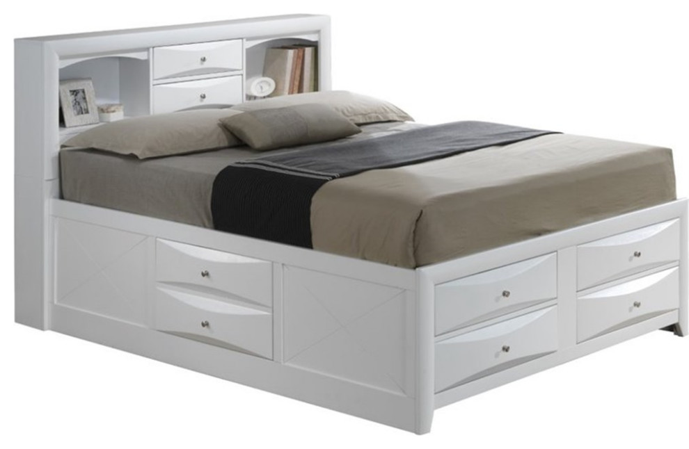 Maklaine Wood Full Bookcase Storage Bed with Open Shelves & Drawers in