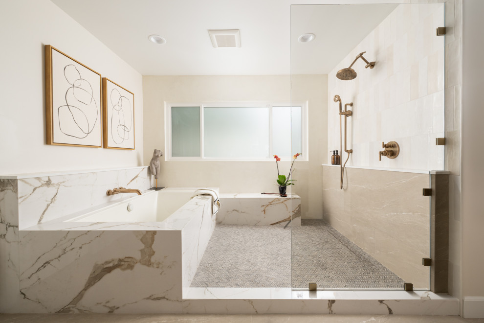 Example of a transitional master multicolored tile and ceramic tile porcelain tile, beige floor and single-sink bathroom design in Orange County with shaker cabinets, brown cabinets, a one-piece toilet, white walls, a vessel sink, quartz countertops, white countertops and a built-in vanity