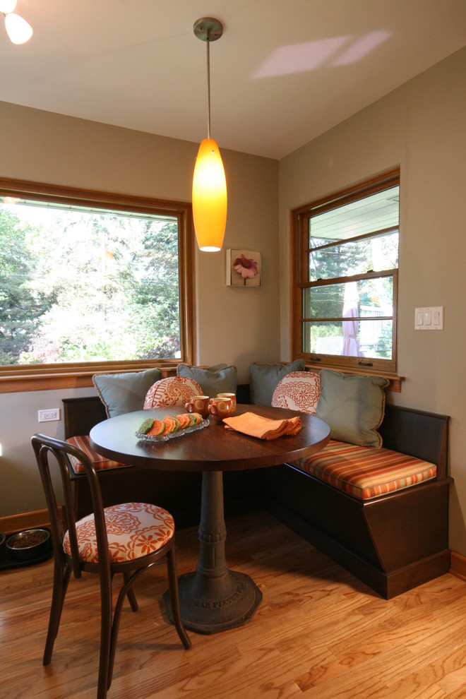 Photo of a small eclectic dining room in San Francisco with light hardwood floors, no fireplace and beige walls.