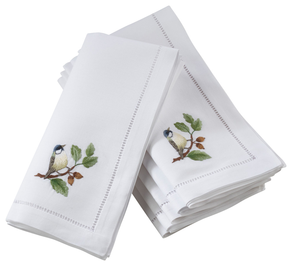 Bluebird Embroidery Cotton Napkins With Hemstitch Border, Set of 6, 20