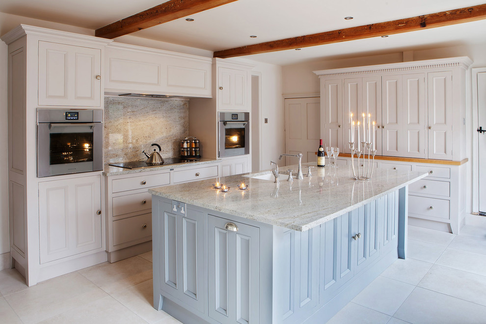 Inspiration for a contemporary kitchen in Other with beaded inset cabinets and grey cabinets.